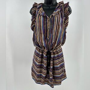 Striped Shirt Dress Button Drawstring Short Ruffle Sleeve Black Pink Yellow Med